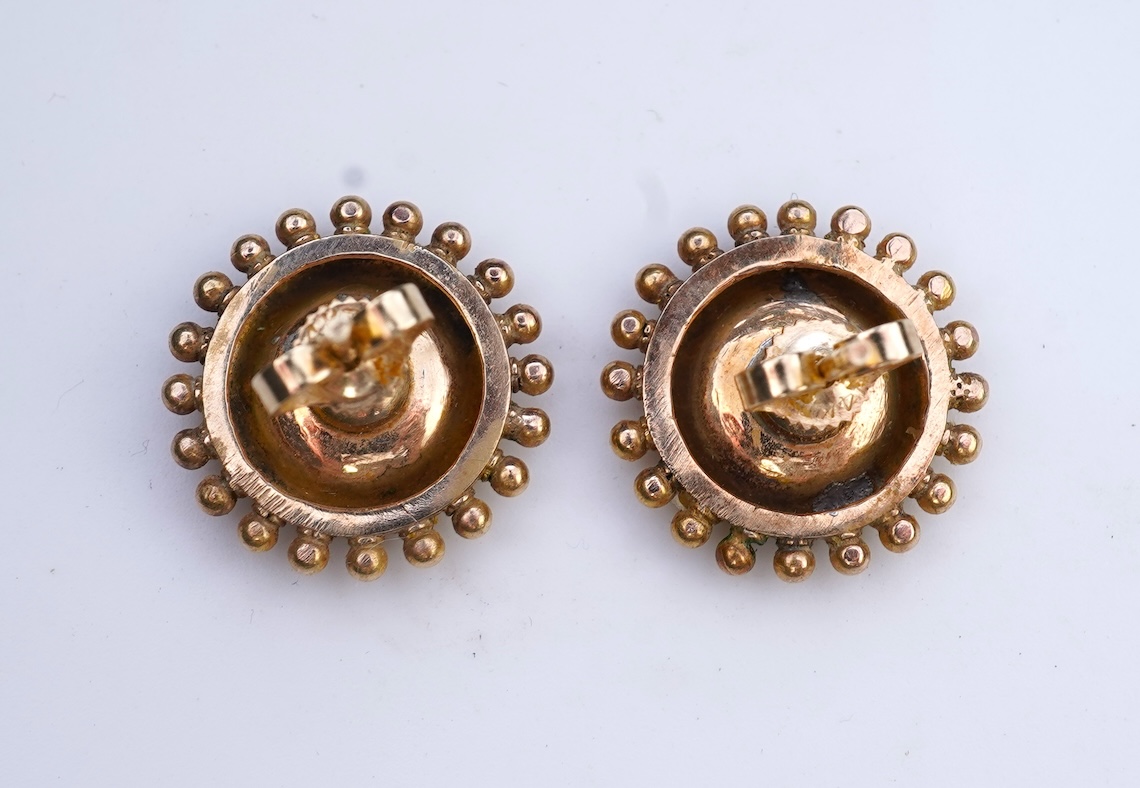 A gold, enamel and pearl pendant/brooch, mid 19th century, and a pair of earrings